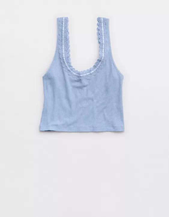 Aerie Superchill Cotton Rib Lace Tank Top Monaco Blue - Image 3