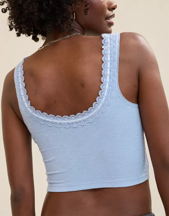 Aerie Superchill Cotton Rib Lace Tank Top Monaco Blue - Image 2