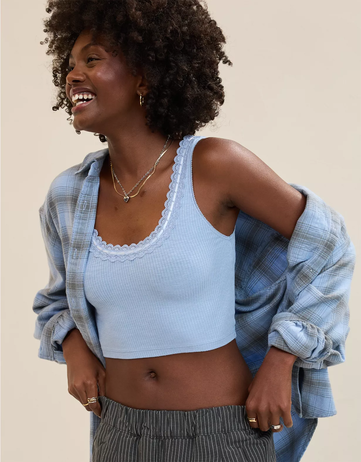 Aerie Superchill Cotton Rib Lace Tank Top Monaco Blue