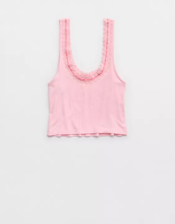 Aerie Superchill Cotton Rib Lace Tank Top Club Pink - Image 4