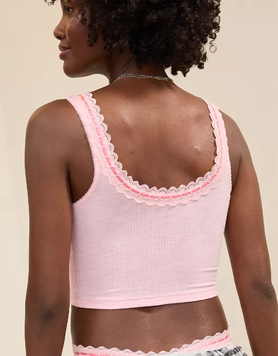 Aerie Superchill Cotton Rib Lace Tank Top Club Pink - Image 2