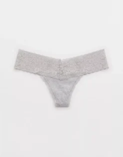 Aerie Superchill Vintage Lace Cotton Thong Underwear Medium Heather Gray