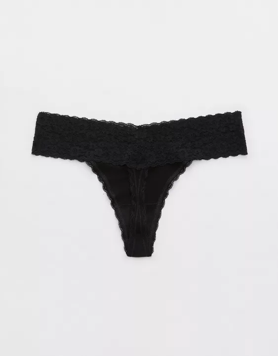 Aerie Superchill Vintage Lace Cotton Thong Underwear True Black - Image 4