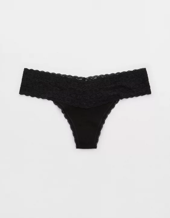 Aerie Superchill Vintage Lace Cotton Thong Underwear True Black - Image 3