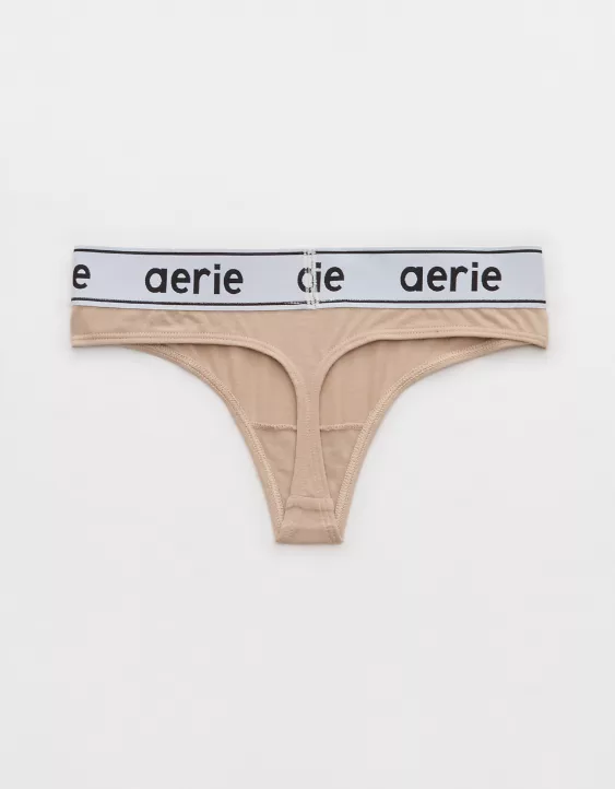 Aerie Superchill Cotton Logo Thong Underwear Stone Harbor - Image 3
