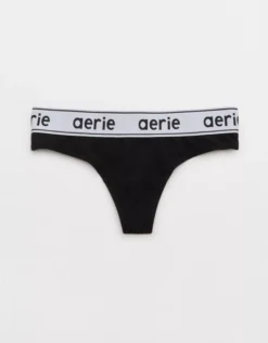 Aerie Superchill Cotton Logo Thong Underwear True Black