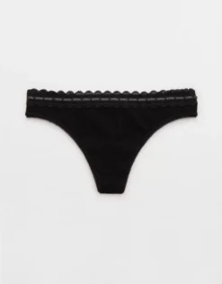 Aerie Superchill Cotton Rib Lace Thong Underwear True Black
