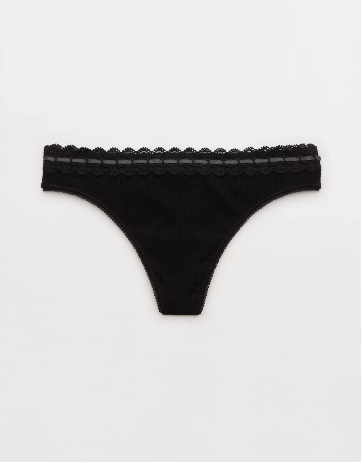 Aerie Superchill Cotton Rib Lace Thong Underwear True Black