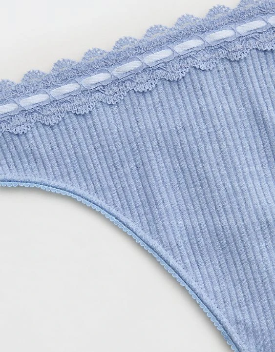 Aerie Superchill Cotton Rib Lace Thong Underwear Monaco Blue - Image 3