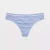 Aerie Superchill Cotton Rib Lace Thong Underwear Monaco Blue
