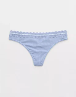 Aerie Superchill Cotton Rib Lace Thong Underwear Monaco Blue