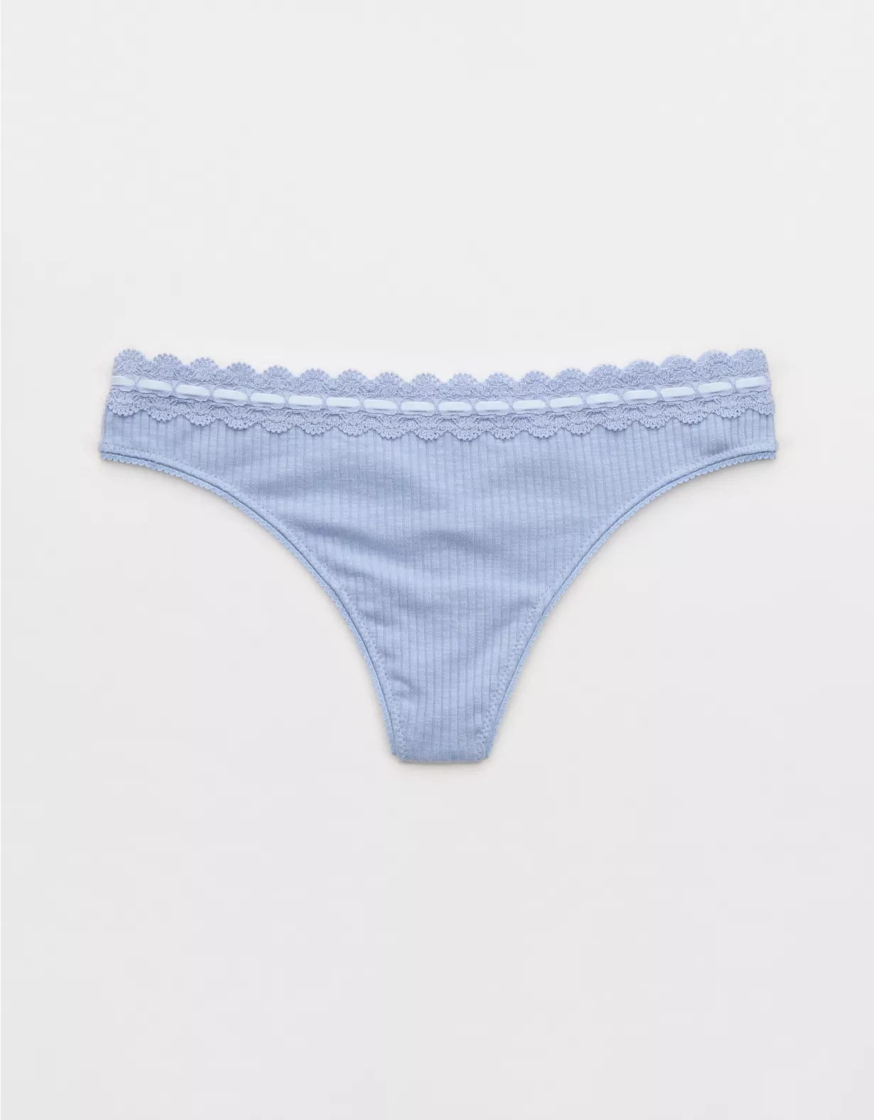 Aerie Superchill Cotton Rib Lace Thong Underwear Monaco Blue