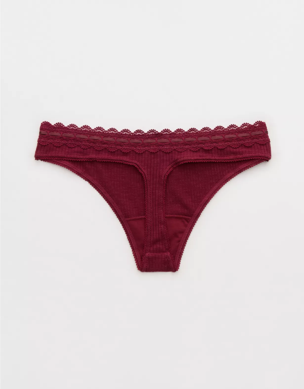 Aerie Superchill Cotton Rib Lace Thong Underwear Deep Cherry - Image 2