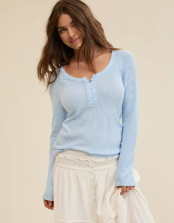 Aerie Essential Henley Layering T-Shirt Eyelet Blue - Image 5