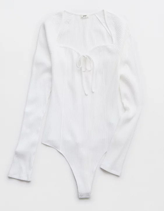 Aerie Long Sleeve Tie Front Bodysuit White - Image 3