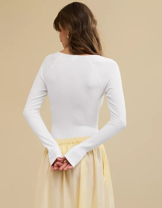 Aerie Long Sleeve Tie Front Bodysuit White - Image 2