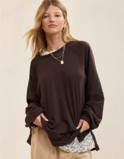 Aerie Cozy Long Sleeve Oversized Boyfriend T-Shirt Deep Earth