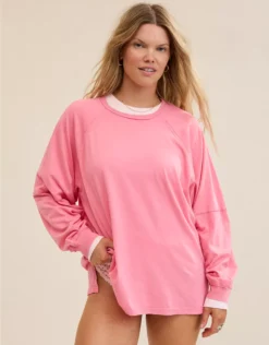 Aerie Cozy Long Sleeve Oversized Boyfriend T-Shirt Playful Pink
