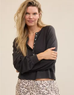 Aerie Happy Snit Henley T-Shirt Smoked Gray
