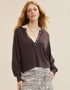 Aerie Happy Snit Henley T-Shirt Deep Earth