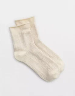 Aerie Rolled Edge Pointelle Quarter Socks Cream