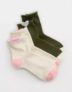 Aerie Peaking Icon Quarter Socks 2-Pack Olive Fun