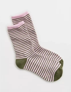 Aerie Ribbed Cotton Crew Socks Olive Fun