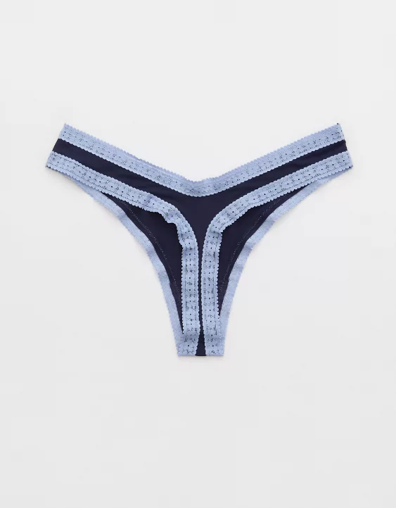 Aerie SMOOTHEZ Microfiber Lace Thong Underwear Monaco Blue - Image 2