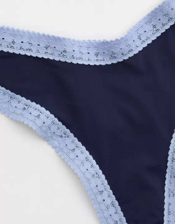 Aerie SMOOTHEZ Microfiber Lace Thong Underwear Monaco Blue - Image 3