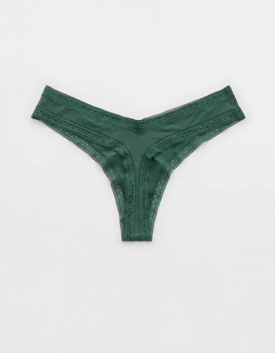 Aerie SMOOTHEZ Microfiber Lace Thong Underwear Rugged Green - Image 4