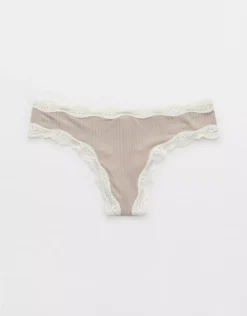 Aerie Superchill Modal Lace Thong Underwear Stone Harbor