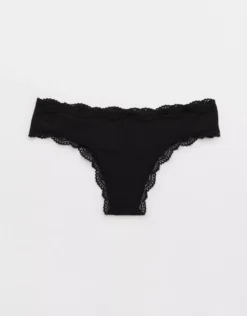Aerie Superchill Modal Lace Thong Underwear True Black