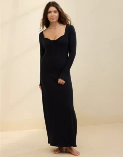 Aerie Long Sleeve Knit Tie Front Maxi Dress True Black