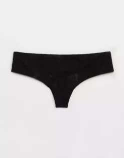 Aerie SMOOTHEZ No Show Lace Thong Underwear True Black